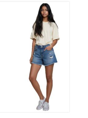Aeropostale Jean Shorts Small Size 6 Distressed Stretch Raw Hem Blue Denim
